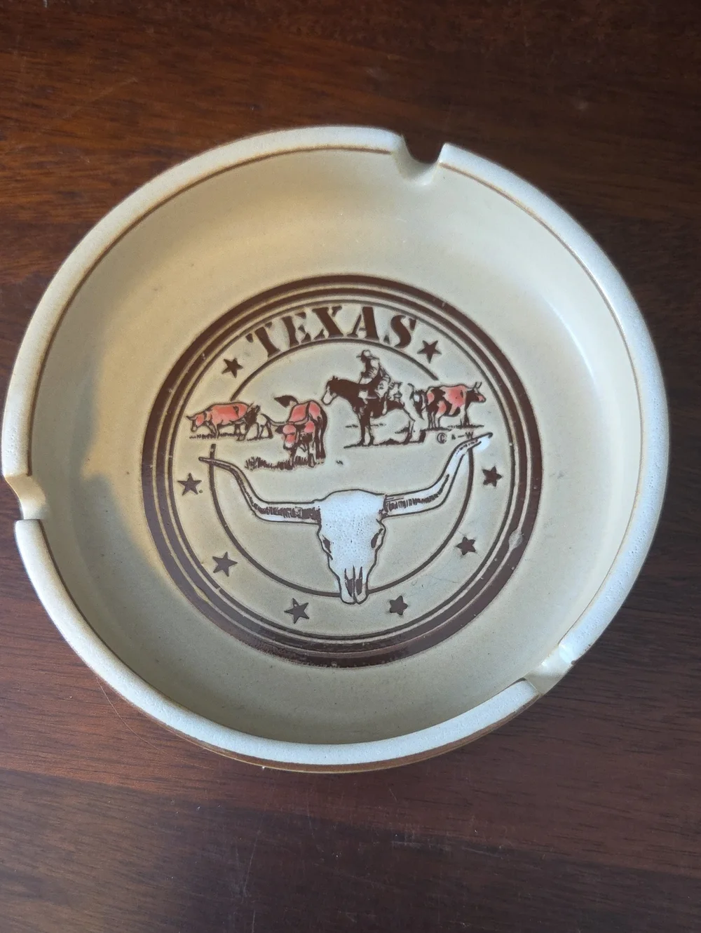 Vintage Texas Longhorn Ceramic Ashtray - Beige and Brown